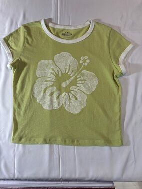 Hollister Lime Green Ringer Tee with White Hibiscus Graphic